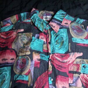 Vintage Thums-Up Abstract Geometric Silk Button Shirt